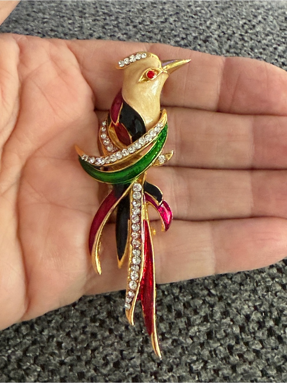 Gold Tone Multicolor Enamel Bird Brooch with Crystals - Green, Red, Black